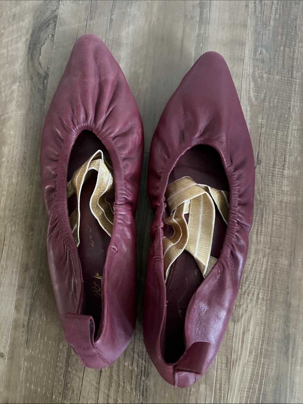 Free People Burgundy Oxblood Leather Pointed Toe Ballet Flats with Gold accents